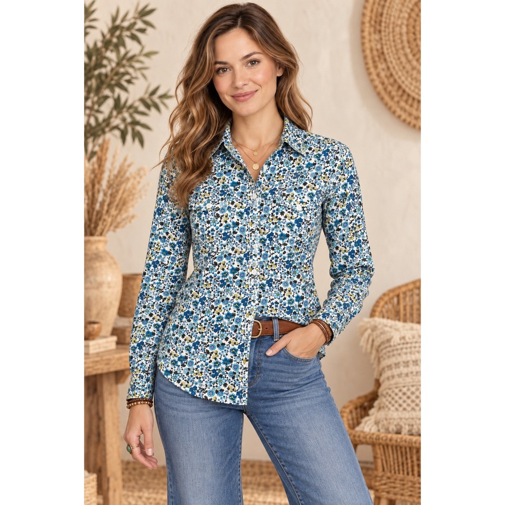 Cottagecore Old Navy Floral Button Down Shirt Womens Small Blue Yellow boho Y2K